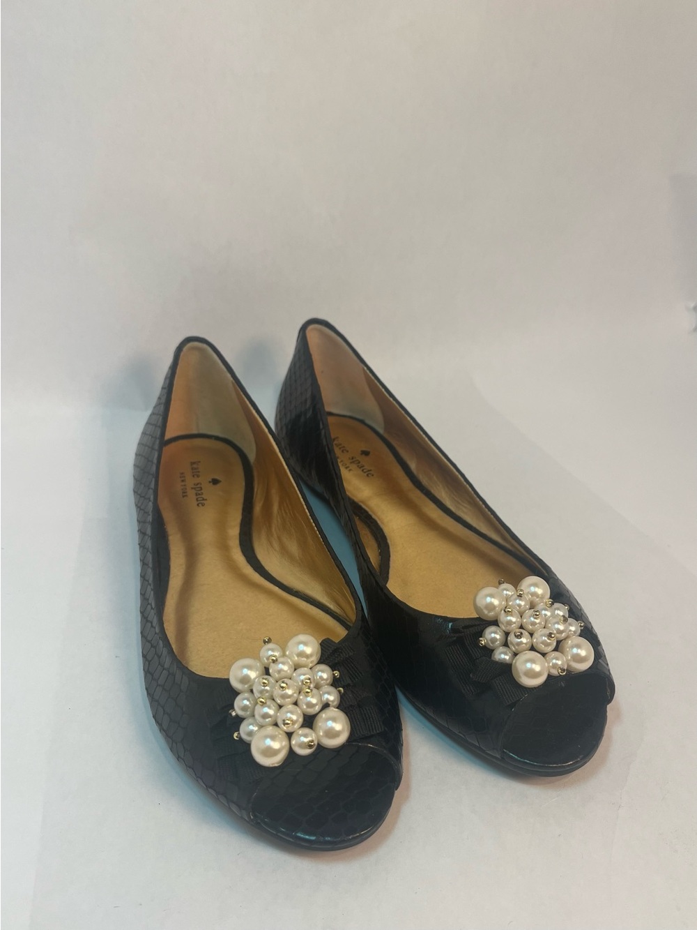 Kate Spade Black Pearl-Cluster Peep-Toe Flats Size 8.5 (never worn)